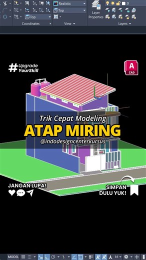 Cara Cepat Modeling Atap Miring di AutoCAD. Bosen sama bentuk atap rumah yang gitu-gitu aja? 😩 Coba bikin atap miring biar desain rumah kelihatan lebih Simple & elegan ✨ Langkah gampangnya 👇 1️⃣ Ubah Viewport → ke Front View 2️⃣ Pilih XLINE → buat garis kemiringan atap 15° 3️⃣ Potong bidang atap menggunakan SLICE 4️⃣ Pilih XLINE Vertikal → Offset 60 untuk overstek 5️⃣ Offset ke atas 20 → buat lisplang 6️⃣ TRIM garis-garis yang tidak diperlukan 7️⃣ Aktifkan Boundary → ketik REGION → klik bidang
