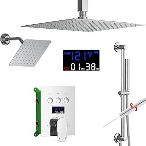 AYIVG Chrome Dual Shower Heads System with 12 And 8 Inch Rainfall and 2 in 1 Handheld Spray Wand Adjustable Slide Bar Ceiling Mount Shower Faucet Temperature Display Button Shower Set