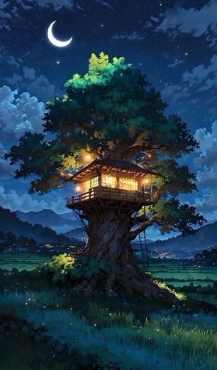 Moonlit Treehouse in the Forest Night