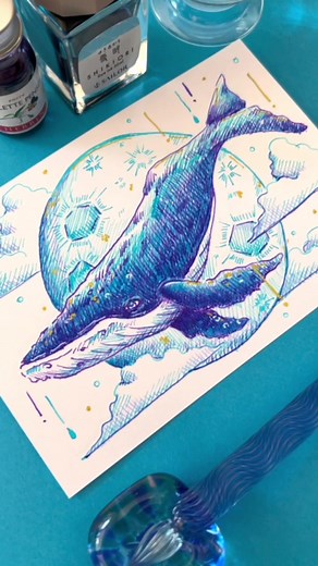 ガラスペンで描く癒しのクジラのイラスト