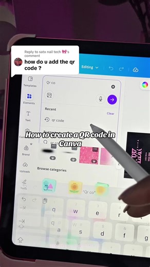 Replying to @satx nail tech 🎀 Quick and easy tutorial on how to make a QR code in Canva and change the colors. Hope this helps! 💗 What should I do a tutorial on next? #bookingsavailable #graphicdesign #canvatutorial #businesscard #canvatok