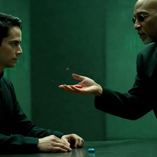 The famous red pill and blue pill choice scene in The Matrix