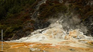 Lake Rotorua landscape New Zealand - geysers and bubbling mud pools, hot thermal springs and Te Wairoa on North Island, Kuirau Park, nickname is Sulphur City, hydrogen sulphide emissions, rotten eggs