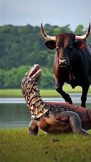 cow vs frog A cow mother safe the calf from the mouth of frog