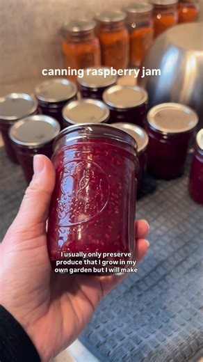 Raspberry Jam recipe: Recipe for 12 half pints (8oz jars): • 12 cups raspberries • 6 cups sugar • 1/2 cup lemon juice Mix all ingredients together in a pot, blend together, & bring to 220 F. Fill jars to 1/4” headspace and water bath for 10 minutes for 1000 ft. elevation & below! Let me know if you have any questions!! #raspberryjam #canningjam #canningraspberryjam #waterbathcanning #homemadejam #homestead #selfsufficiency | More than Gardening