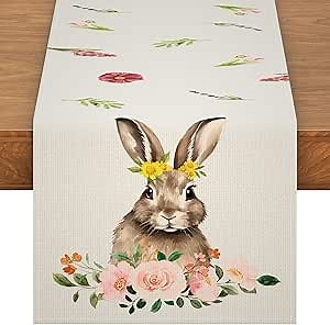 Spring Table Runner, Rabbit Bunny Spring Table Runner for Home Decor Seasonal Spring Summer Flowers Holiday Spring Decorations for Indoor Outdoor Home Party (13" x 60", Table Runner)