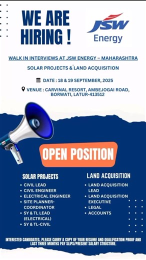JSW Energy hiring multiple positions for Solar Projects in Maharashtra Location. Follow our page for more jobs opportunities. #JSW #JSWEnergy #jswpower #energy #energyjobs #POWERPLANTJOBS #transmissionline #substation #solarpower #solar #solarenergy #maharashtra #latur #engineeringjobs #btechjobs #BTech #BEjobs #diplomajobs #electricalengineering #civilengineering #landacquisition #jobopportunities #jobalert | Rajesh Kumar B