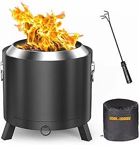 Rock&Rocker Smokeless Fire Pit, 304 Stainless Steel, 18.5 Inch Outdoor Bonfire Firepit, Fire Pits for Outside, with Removable Ash Pan, Portable Handle & Waterproof Cover, for Backyard Party, BBQ
