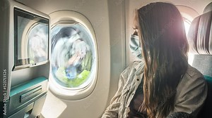 A young woman wearing face mask during travel with airplane , New normal journey after covid-19 pandemic concept. Washing mashine. Humor. Looping Cinemagraph.