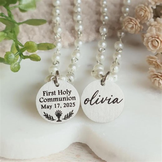 First Holy Communion Necklace |personalized Name & Date Disc | Pearl Catholic Keepsake Jewelry | Custom Communion Gift for Girls Little Girl - Etsy