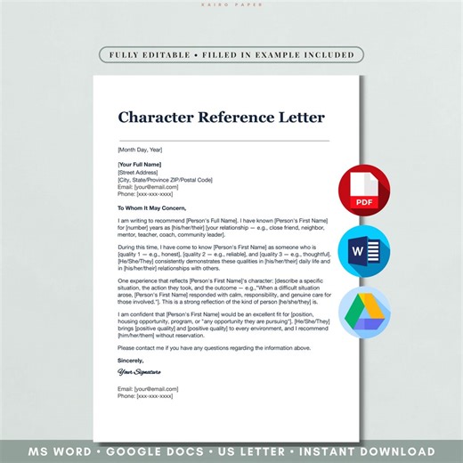 Character Reference Letter Template | Simple Letter of Recommendation | Google Docs & Word - Etsy Canada