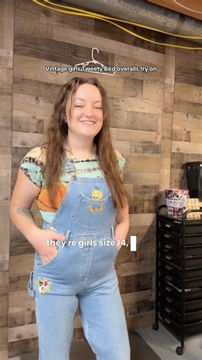 Found the CUTEST tweety bird overalls, also found out I am not, in fact, a size 14 girls. Pls send emotional support #vintagevibes #tweetybird #vintagekidsclothes