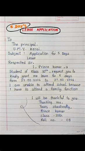 5 days leave application | write application for Friday 5 days | leave application to principal