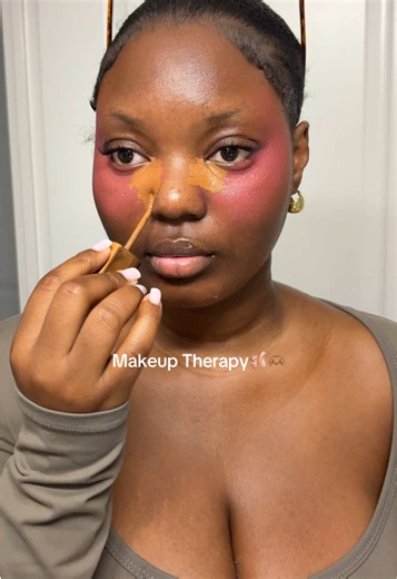 Makeup Therapy; Bright Pink Undereye 🩰🫶🏽 @elfcosmetics blush @DanessaMyricksBeauty concealer, skin tint @Fenty Beauty gloss bomb in fushia flex @Huda Beauty setting powder in pink pumpkin #pinkundereye #blushblindness #makeuptiktok #blackgirlmakeup #makeuptherapy