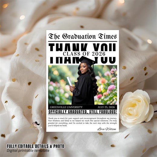 Newspaper Graduation Thank You Card With Photo, Senior Grad Party Thank You Note, Elegant Thank You Cards for Graduates Printable Template - Etsy