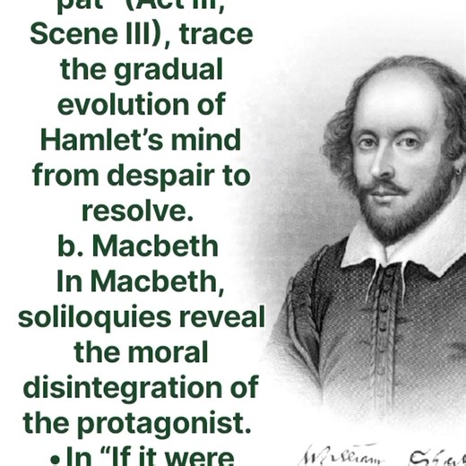 William Shakespeare’s use of soliloquy is one of the most remarkable features of his dramatic technique. A soliloquy is a speech delivered by a character who is alone on stage, expressing his or her innermost thoughts, emotions, and motives directly to the audience. It allows the dramatist to reveal a character’s private feelings and psychological state, creating intimacy between the character and the audience. Part 6 | Explore English Literature