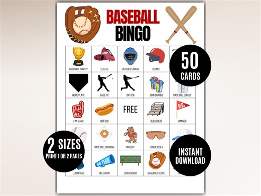 Baseball Bingo Printable: 50 Unique Cards, Sports Party Game (PDF Download - Etsy