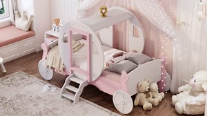 Flieks Twin Size Princess Carriage Bed Frame for Boys Girls Kids Toddler with Crown, Wood Platform Car Bed with Stair, White+Pink