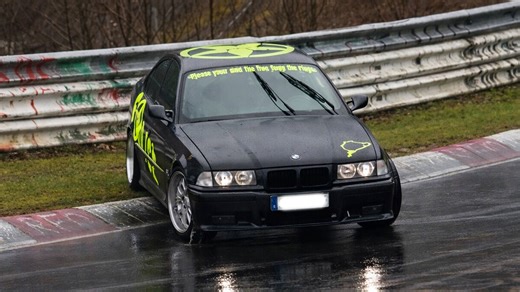Slippery Nürburgring corner sends car sliding