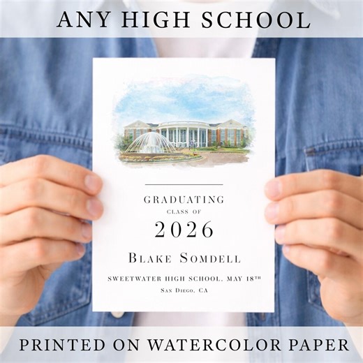 High School Graduation Announcements with Custom Watercolor School 2026 • Custom Senior Grad Cards • Personalized Graduation Invitations Set