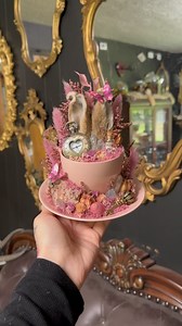 Some of you said you wanted teacups in this update, so I made this yesterday and I’m spending most of the day today making some more! I’ve been hanging on to a big teapot for like a year that I really need to do something with too. I’m thinking full terrarium if I can find something big enough for it! This set will be available in the update on May 10th at 6pm PST. Preserved red rabbit ears, pink amethyst cluster, pink snail shell, aura quartz points, pink paper butterflies, a skeleton key, “dri