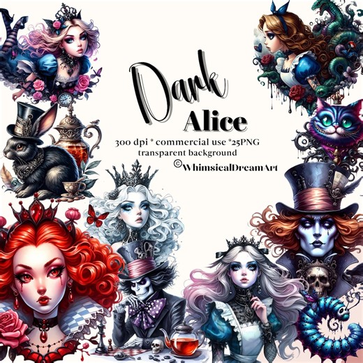 25 PNG Watercolour Gothic Alice in Wonderland Clipart, Alice in Wonderland, Fairytale , Dark Fantasy Images, Wonderland Character Bundle - Etsy