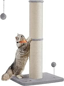 Feandrea Cat Scratching Post, 33.5-Inch Tall Cat Scratcher for Medium and Large Cats, Sisal Scratch Pole, Spring Pompom with Built-in Bell, Dove Gray UPCA041G01
