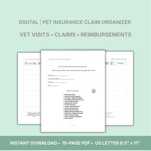 Pet Insurance Claim Organizer | Veterinary Bill Tracker (fillable PDF) - Etsy