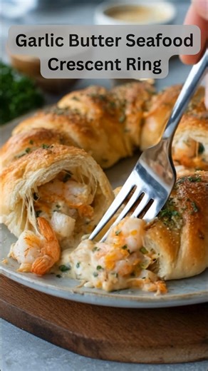 This Garlic Butter Seafood Crescent Ring is the kind of appetizer that disappears in minutes—crispy, creamy, and bursting with flavor in every bite! 📝 Ingredients 2 cans refrigerated crescent roll dough 1 cup cooked shrimp, chopped 1 cup cooked crab meat (or lobster), chopped 4 oz cream cheese, softened ½ cup shredded mozzarella cheese ¼ cup grated Parmesan cheese 3 tbsp garlic butter, melted 2 cloves garlic, minced 1 tbsp fresh parsley, chopped ½ tsp Old Bay or Cajun seasoning Salt and black p