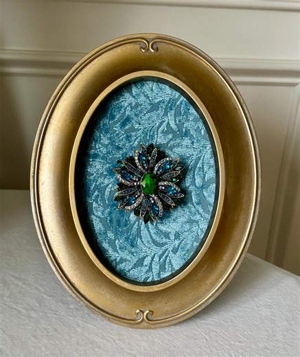 Framed Original Art: Large Brooch on Velvet Designer Fabric in Vintage Oval Frame - Etsy