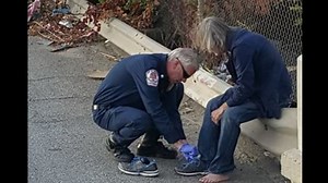 Firefighters go viral after giving barefoot homeless man shoes