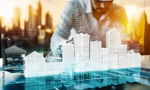 Architect uses digital tablet to design a city model.