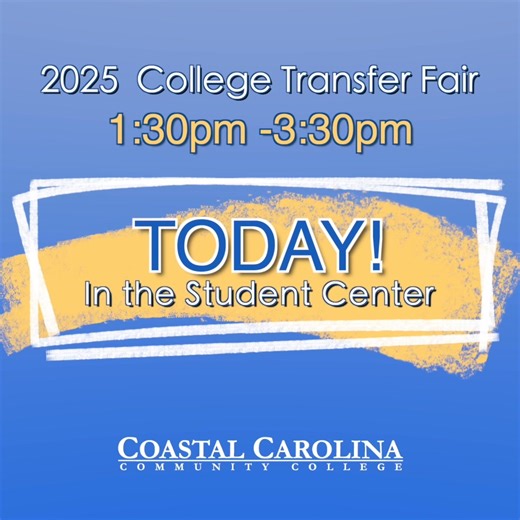 Good morning #coastalcrew! Today’s the Day! Join us at the 2025 College Transfer Fair happening TODAY in the Student Center from 1:30 PM – 3:30 PM! Meet reps from a wide variety of 4-year colleges and universities and get the inside scoop on transferring from Coastal Carolina Community College. Whether you're just starting to explore your options or ready to take the next step, this is your chance to ask questions, make connections, and plan your future. 📚 Don’t miss out on this incredible oppo