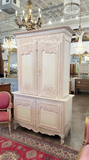 Pink and white, hand-painted over a beautifully restored antique armoire. Finished the Le Chateau way 🎀 Send us a message 💗
