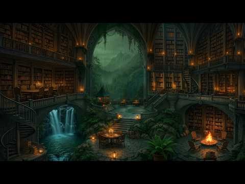 Rainy Enchanted Spring Library with Waterfall & Fireplace | Dark Academia Music for Reading & Relax