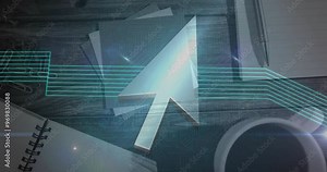 Large cursor animation over office desk with papers and coffee cup
