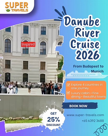 🌍 Cruise into 2026 with Super Travels! ✨ Four iconic journeys, four unforgettable experiences — all open for early booking now! 🛳️ Alaska Princess Cruise – Sail through glaciers and witness whales in the purest wilderness. 💫 Rhine River Cruise 2026 – Discover fairy-tale castles and vineyard valleys in springtime Europe. 🌍 Danube River Cruise 2026 – Explore four countries in one voyage, from Budapest to Munich. 🏞️ Century Yangtze Cruise – Marvel at China’s legendary Three Gorges aboard a 5★ 