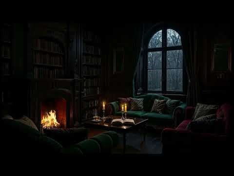 Dark Academia Library Rain | Fireplace Crackles While Rain Streams Down Gothic Windows