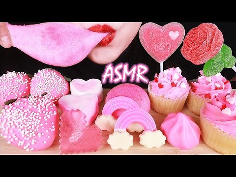 ASMR PINK DESSERT: MOCHI, GUMMY CANDY, CHOCOLATE, MARSHMALLOW, JELLY, STRAWBERRIES, CUPCAKES EATING