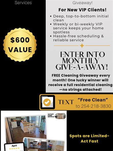 ​ ✨ FREE CLEANING ALERT! ✨ Who doesn’t love coming home to a sparkling clean house—especially when it’s FREE? 🧽🏡 Victory Home Services is giving EVERY new VIP client a FREE Initial Cleaning when you sign up for one month of our VIP cleaning service. ✅ Deep, top-to-bottom initial clean (up to $600 value!) ✅ Weekly or bi-weekly VIP service keeps your home spotless ✅ Hassle-free scheduling & reliable service 💥 PLUS – Monthly Free Cleaning Giveaway! 💥 We’re also running a FREE Cleaning Giveaway 