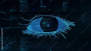Featuring a 4K digital composite, this animation depicts an eye that opens and closes, with binary codes flowing in a continuous loop. It reflects ideas of future advancements, innovation, immersive