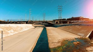 Los Angeles River. Old 6th Street Bridge LA river downtown city Los Angeles 4K.