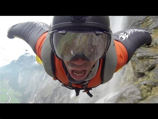 Wingsuit flight through a waterfall in Lauterbrunnen