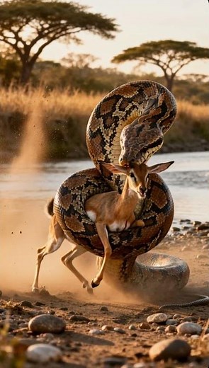 Can the impala break free from the giant python’s deadly coils by the river 🐍🦌❓ #python #impala
