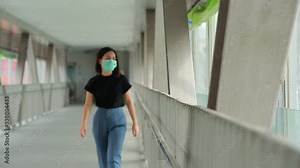 Asian woman wearing mask for protect pm2.5 and cough with Covid-19 virus outbreak in public.