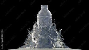 Slow motion Animation of Nature water in the shape of bottle splash, Liquid swirling and splashing, Motion graphics, 3D CGI Compositing process, 4k Ultra HD 3840x2160, RGB with Alpha and Green scree.