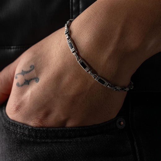 925 Sterling Silver Byzantine Bracelet Unisex Handmade, Black Baguette Stone Link Chain Jewelry Gift for Men Women - Etsy