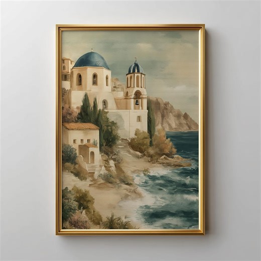 Vintage Mediterranean Coastal Scene - Blue Domed Church, Serene Greek Village, Soft Watercolor Print, Patina Blues, Digital Download 163 - Etsy