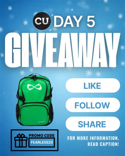 Nfinity Athletic on Instagram: "DAY 5 of the @nfinityshoes x @cheerUPDATES 12 Days of Giveaways!⁠ Win a Green Petite Classic Backpack 💚🎄⁠ ⁠ To enter:⁠ 1️⃣ Like this post⁠ 2️⃣ Follow @nfinityshoes & @cheerUPDATES⁠ 3️⃣ Tag your cheer besties (each tag = 1 entry)⁠ 4️⃣ Share this post to your story for a bonus entry!⁠ ⁠ Winner will be tagged in this caption and contacted via DM!⁠ ⁠Winner: @lexi.cottoncandy_ Didn’t win the Fearless sneakers?⁠ 25% off Fearless Sneakers → Code FEARLESS25 👟⁠ #12Dayso
