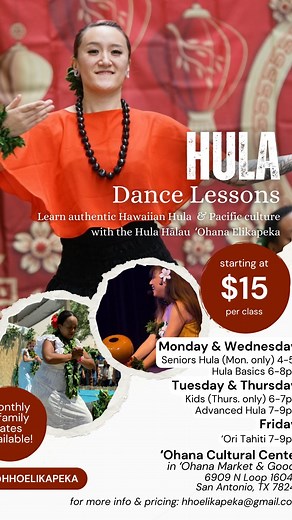 🗓️ New Spring Classes! Stop by the ‘Ohana Cultural Center at Rolling Oaks Mall and join the Hula Hālau ‘Ohana Elikapeka. Mondays: 4-5pm Seniors Hula Class 6-8pm Hula Basics (Adults) Tuesdays: 7-9pm Advanced Hula and Choreography Wednesday: 6-8pm Hula Basics (including kids) Thursday: 6-7pm Kids Hula and Choreography 7-9pm Advanced Hula and Choreography Friday: 7-9pm ‘Ori Tahiti Class (for all ages) Sunday: 3-5pm Performance Group Practice 5-6pm Performance Group ‘Ori Tahiti Practice Spring drop